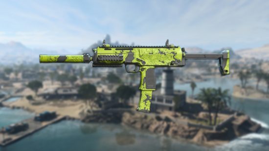 Warzone 2 VEL 46 loadout: A VEL 46 in a green and black camo, set against a blurred image of the Warzone 2 map