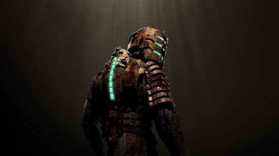 Dead Space cast and voice actors: Protagonist Isaac Clarke in his iconic suit, looking over his shoulder.