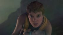 Death Stranding 2 cast: Léa Seydoux escaping on a bike with a baby. A shot from the trailer released at The Game Awards 2022.