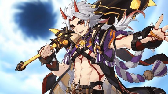 Genshin Impact Itto banner release date and abilities: Arataki Itto posing on a blurred background from Genshin Impact.