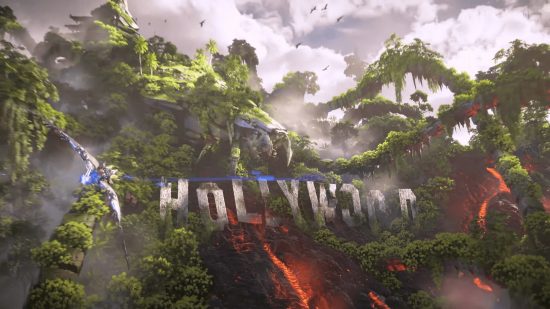 Horizon Forbidden West Burning Shores PS4: Aloy flying past a decaying and overgrown Hollywood sign.