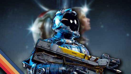 Starfield Game Pass: A character wearing a space suit looking to the side. Promotional art is blurred in the background.