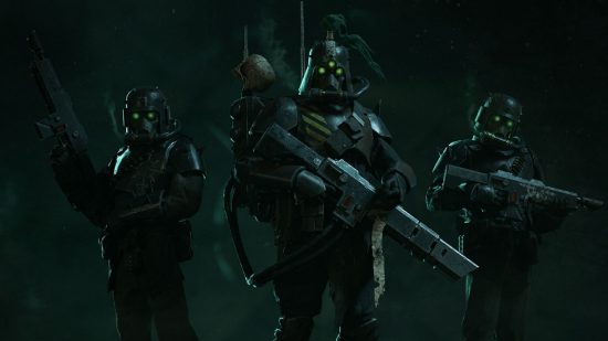 Warhammer 40K Darktide mission types: Ominous Chaos-corrupted Veterans staring directly towards camera.