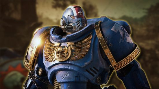 Warhammer 40K Space Marine 2 release date: A Space Marine wearing their iconic blue armor against a blurred background of gameplay.