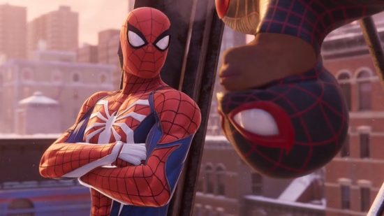 Marvel's Spider-Man Miles Morales on PlayStation 5.: An image of Peter Parker and Miles Morales talking on a NYC rooftop.