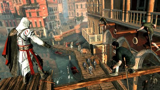 Assassin's Creed best games ranked: an image of Ezio on a rooftop from AC2