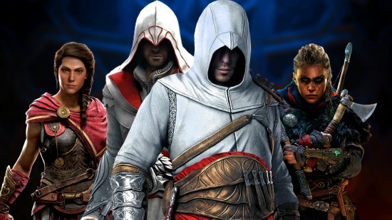 Assassin's Creed best games ranked: an image of characters from the series in a row