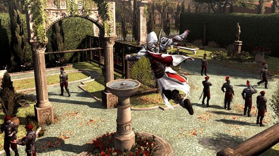 Assassin's Creed best games ranked: an image of Ezio leaping from AC Brotherhood