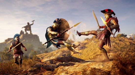 Assassin's Creed best games ranked: an image of a spartan kick from AC Odyssey