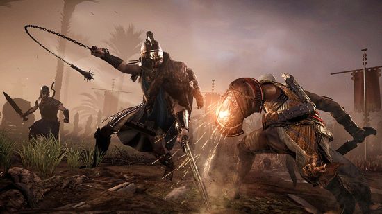 Assassin's Creed best games ranked: an image of Bayek fighting from AC Origins