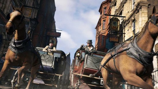 Assassin's Creed best games ranked: an image of Jacob on a horse cart from AC Syndicate