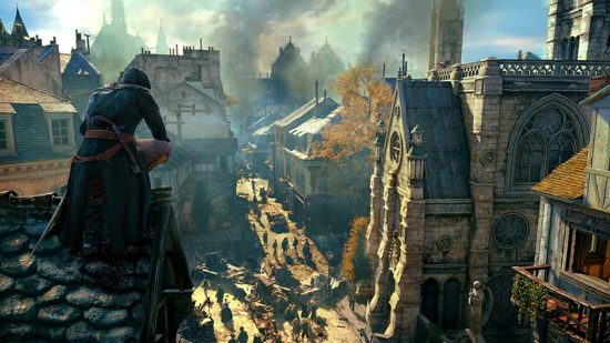 Assassin's Creed best games ranked: an image of Arno on a roof from AC Unity