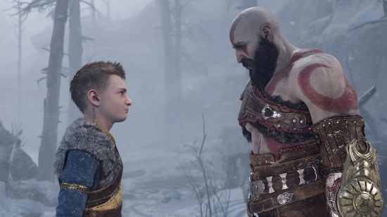 Best PS5 games: God of War Ragnarok screenshot where Kratos speaks to Atreus