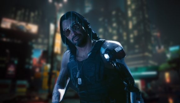 Cyberpunk 2077 Phantom Liberty release date: Johnny Silverhand imposed on an image of Night City from Cyberpunk 2077