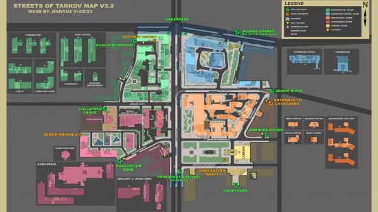 Escape from Tarkov Maps: Peta buatan pemain yang menunjukkan lokasi utama di jalanan Tarkov