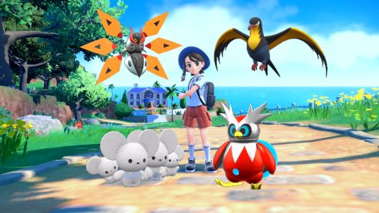 Pokemon Scarlet and VIolet favourite Pokemon: A trainer stands on a path surrounded by a Kilowattrel, Iron Moth, Maushold, and Iron Bundle