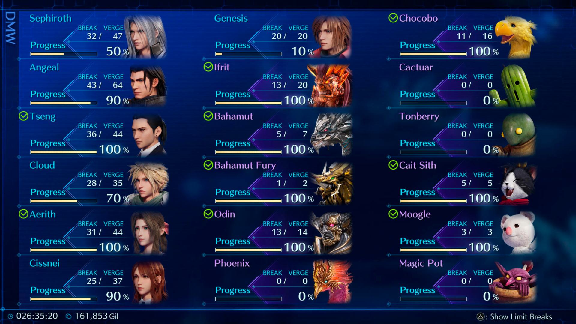 Final Fantasy 7 Crisis Core Reunion DMW: A list of different characters can be seen