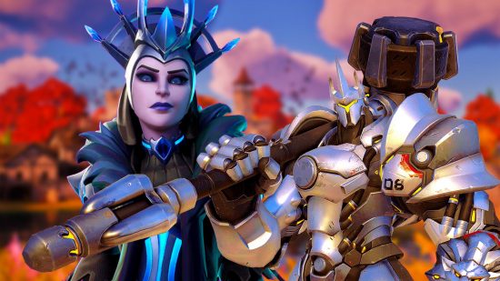 Fortnite Guardian Shield Overwatch 2: an image of the Ice Queen from Epic Games battle royale and Reinhardt from the hero shooter