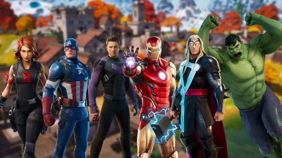 Fortnite Avengers Lineup: Black Widow, Captain America, Hulk, Iron Man, Hawkeye, and Thor skins in Fortnite