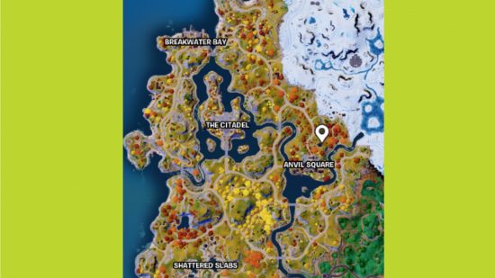 Fortnite Oathbound Chests: West side of Chapter 4 Season 1 map of Fortnite, showing POIs like The Citadel