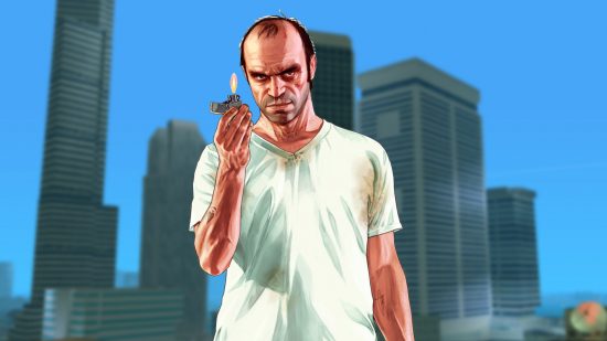 Trevor from GTA 5 against a background of GTA Vice City from Rockstar Games