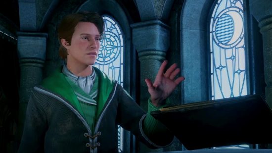 Hogwarts Legacy gameplay Room of Requirements Sims 4: an image of a Slytherin Wizard using a book with magic