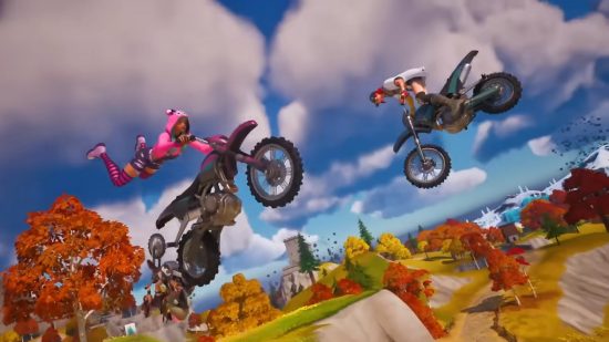 Fortnite Activate Augments: Characters jumping off hills with bikes in Fortnite