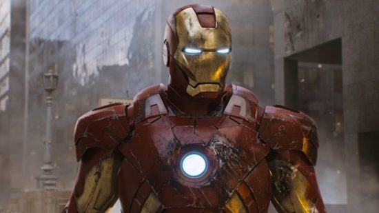 Iron Man in The Avengers movie: An image of Iron Man fighting in New York City.