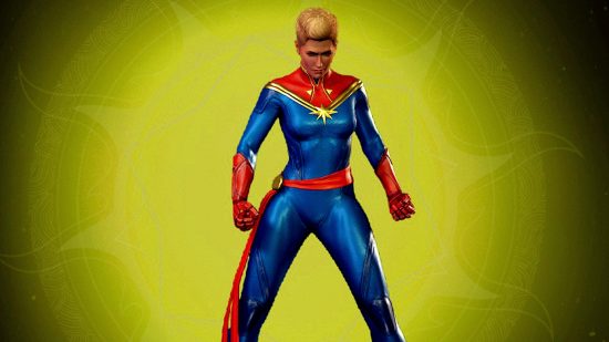 Midnight Suns Captain Marvel deck best: an image of Carol Danvers on a yellow background