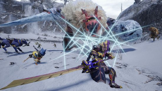 Monster Hunter Rise Crossplay: The player can be seen holding a sword and attacking a monster