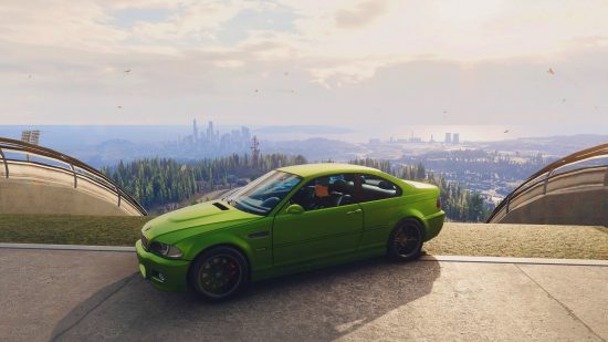 Need For Speed Unbound review: A green BMW car sits atop a large structure with the view of a city in the background