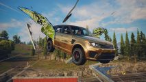 Need For Speed Unbound review: A gold range rover flies through the air with green wings coming off of its bodywork