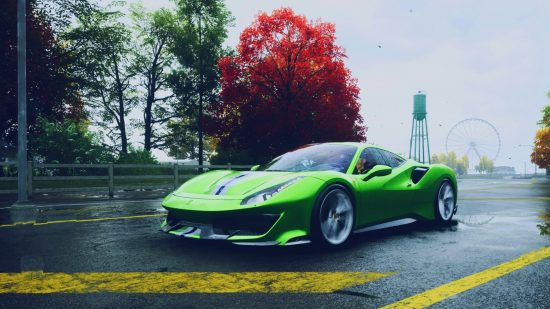 Need For Speed Unbound review: A green ferrari on wet tarmac, with trees, a water tower, and a Ferris wheel in the background