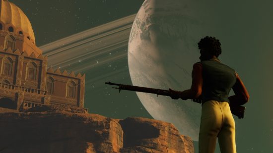 Nightingale release date: Realmwalker character looking at a building next to a planet in the sky