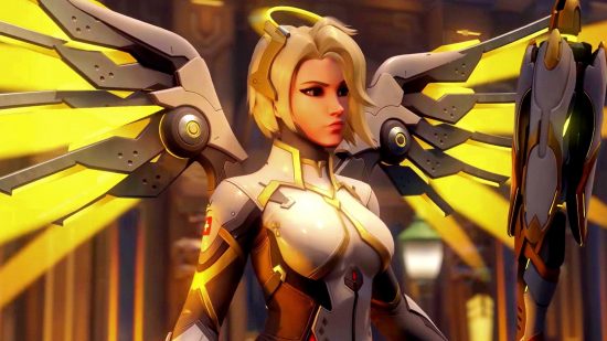 Overwatch 2 Mercy bug instant heal: an image of Mercy from Overwatch with her wings out