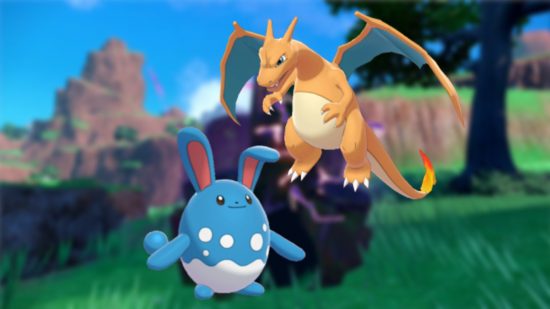 Pokemon Scarlet and Violet charizard raid azumarill: sprites of Charizard and Azumarill imposed onto a blurred image of a black crystal tera raid marker