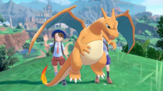 Pokemon Scarlet Breed Charizard: Charizard can be seen in front of an image of trainers