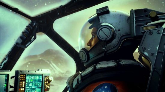 Starfield Earth skip explore: an image of a pilot in a cockpit