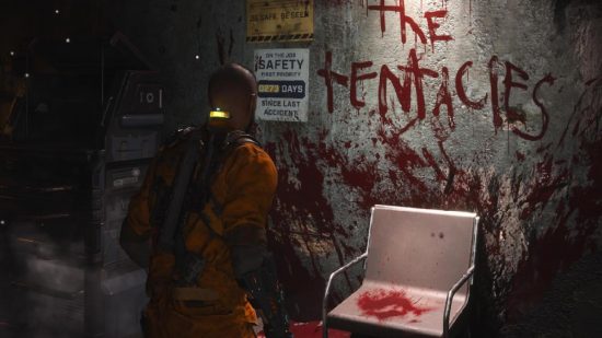 The Callisto Protocol Callisto Credits Get: Jacob can be seen standing by a chair and letters in blood that read "shoot the tentacles"