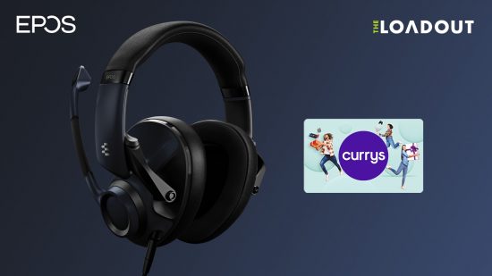 The Loadout EPOS Christmas bundle giveaway: A H6PRO headset on a black background next to a Curry's voucher