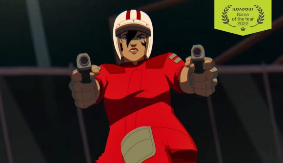 The Loadout Game of the Year nominees 2022: A rollerskater in a red jumpsuit and white helmet jumps and draws two pistols