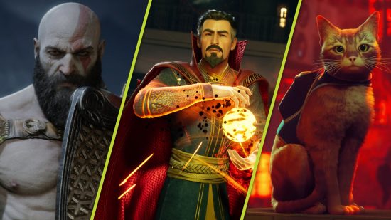 The Loadout Game of the Year: A montage of Kratos from God of War Ragnarok, Dr Strange from Marvels Midnight Suns, and the cat from Stray