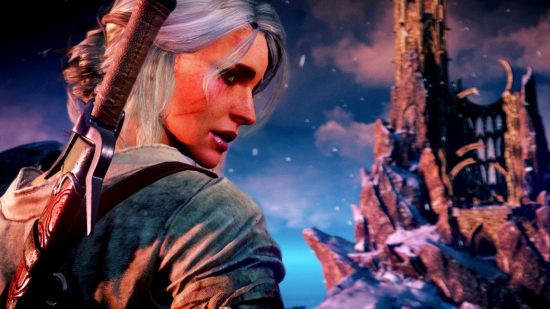 Witcher 3 next-gen release time: an image of Ciri looking over her shoulder with ruins in the background
