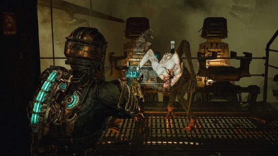 Dead Space co-op: Isaac Clarke aiming to attack a hideous monster.