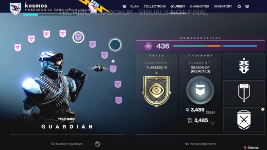 Destiny 2 Guardian Ranks: A work-in-progress Guardian Ranks UI, showing Commendations, Seals, Triumphs, and more.