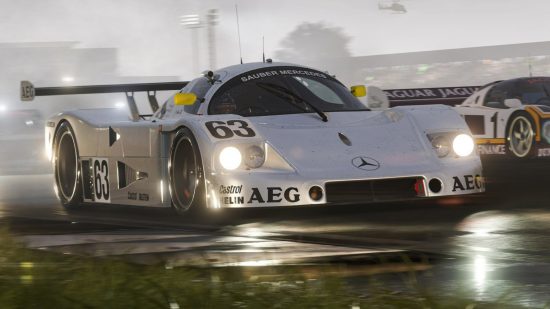 Forza Motorsport tracks list: A Mercedes racing through the rain.