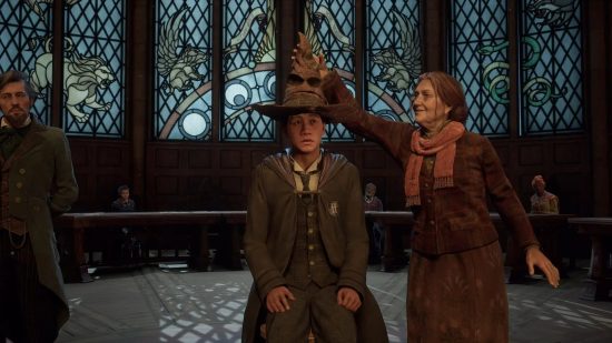 Hogwarts Legacy House sorting: A character putting on the Sorting Hat to decide their House, much like in the Harry Potter films.