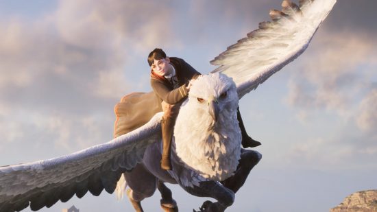 Hogwarts Legacy new game plus: A student riding a Hippogriff flying mount.
