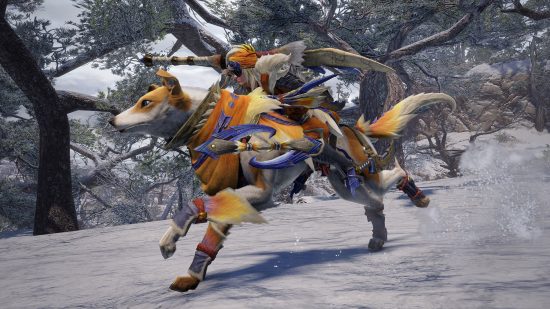 Monster Hunter Rise change appearance: A hunter riding their Palamute.