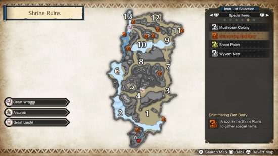 Monster Hunter Rise Wisplanterns locations: A map showing the location of Wisplanterns found at Shimmering Red Berries nodes in the Shrine Ruins map.